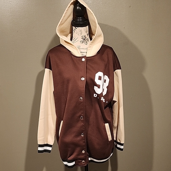SHEIN Jackets & Blazers - Brown and Cream Varsity Jacket with Hood
